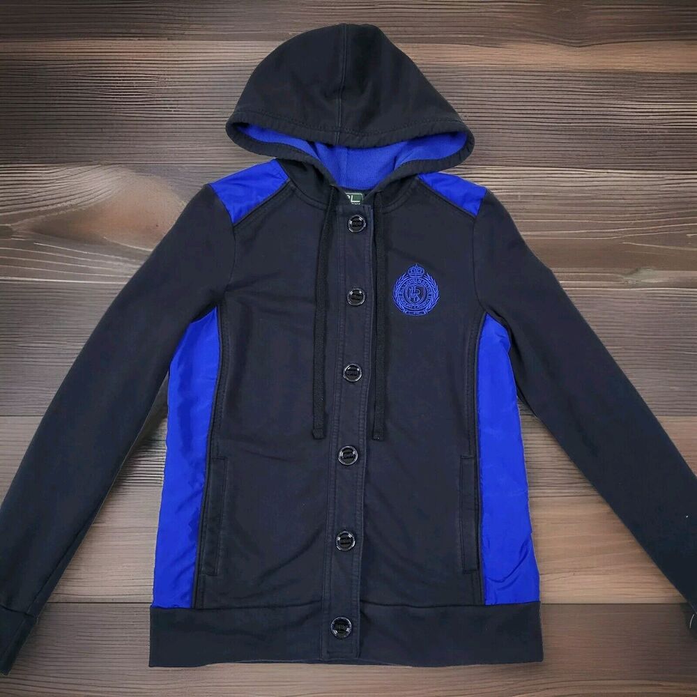 Vintage Ralph Lauren Active Button Navy Royal Blue Hoodie Jacket Size XS